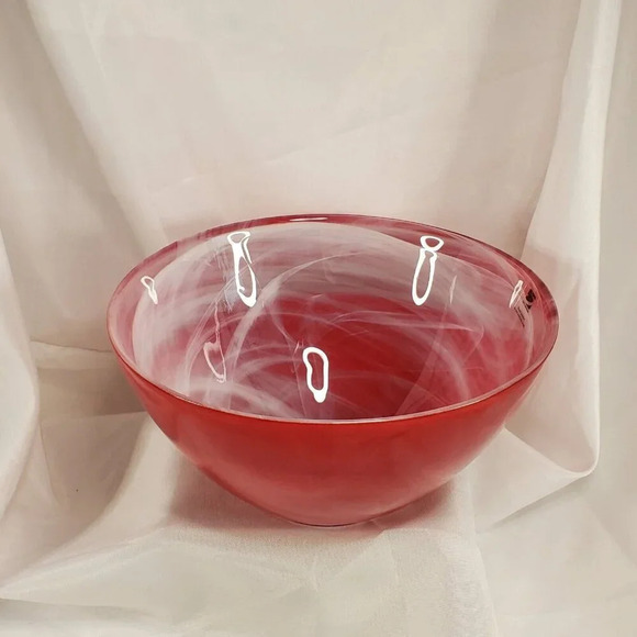 SEA Glasbruk Kosta Boda Sweden Art Glass Blown Bowl Red W/ White Smoke Painted - Picture 8 of 12